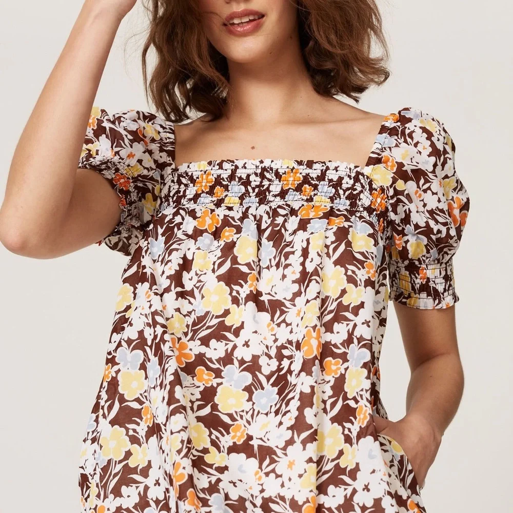 Tory Burch Floral Smocked Puff Sleeve Babydoll Dress
